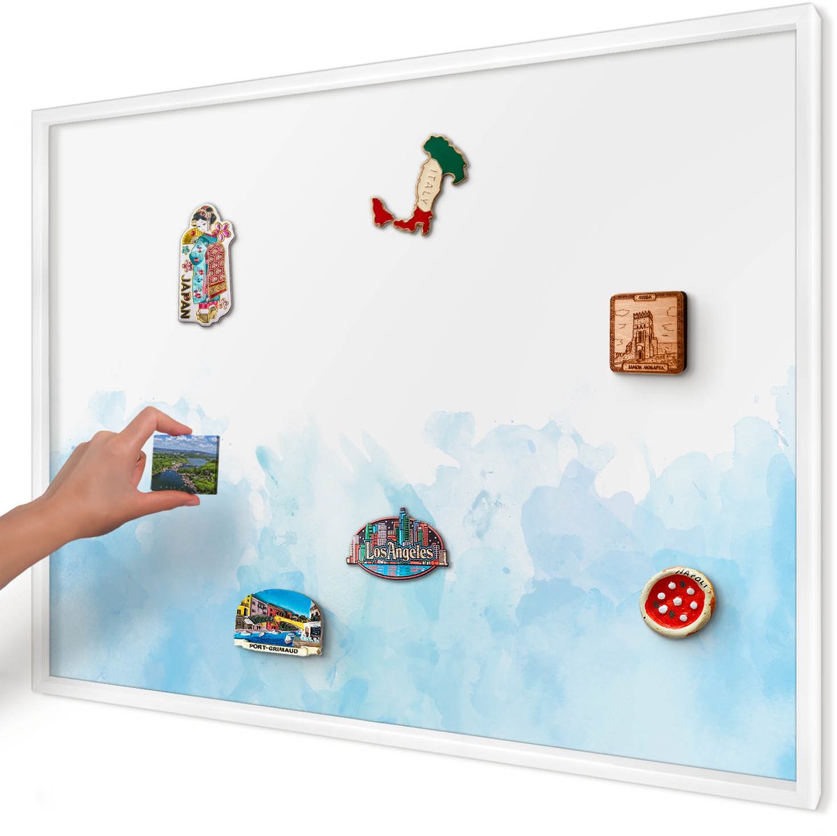 Artprintcave Blauw Magneetbord mit Witte Lijst - 100x70 cm - Rustgevend Landschap Magneetbord Voor Keuken - Waterverf Memobord Keuken - Abstractie