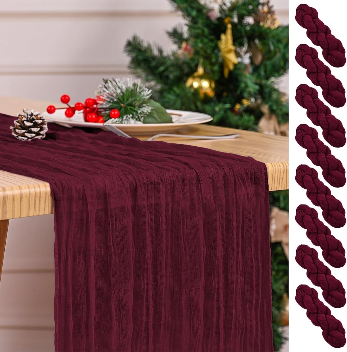 SnelShoppen - 8-delige Bordeau Tafelrunner Set 43x274cm - Cheesecloth Tafelrunner Boho Mesh voor Eettafel - Rustic Doorzichtig Stof voor Bruiloft, Fee