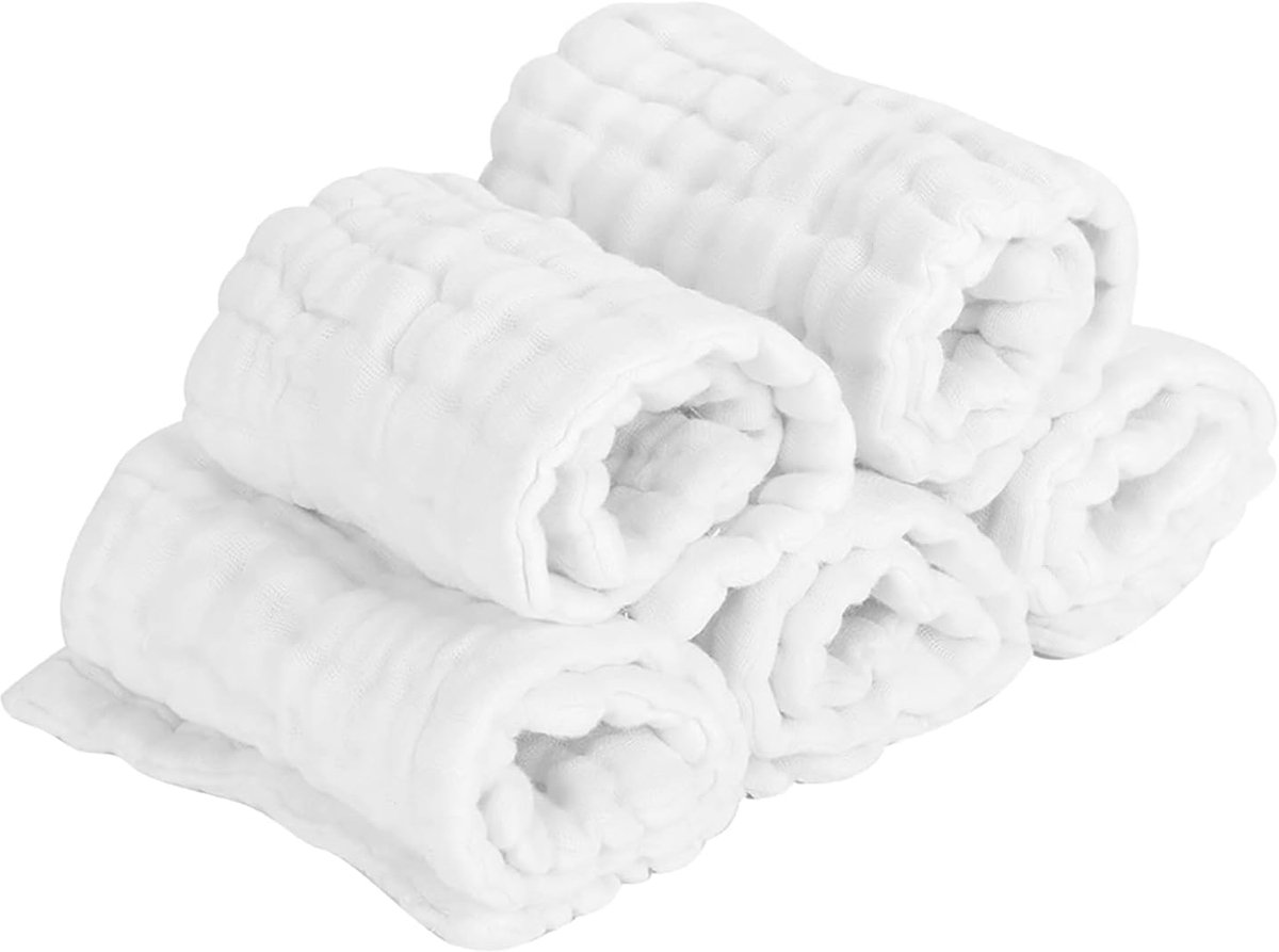SnelShoppen - Herbruikbare Katoenen Luiers, 12 Lagen, Hoge Absorptie, 35 x 15 cm, Wit, Verpakt per 5 Stuks, Ideaal voor Baby's, Duurzaam en Wasbaar