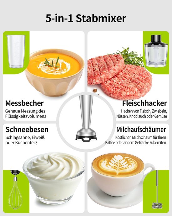 SnelShoppen - Handmixer 5-in-1 RVS, 1100 W, Traploze Snelheidsregeling, Met 2 Kloppers, 800 ml Maatbeker, 600 ml Hakker voor Keuken en Koken — afbeelding 3