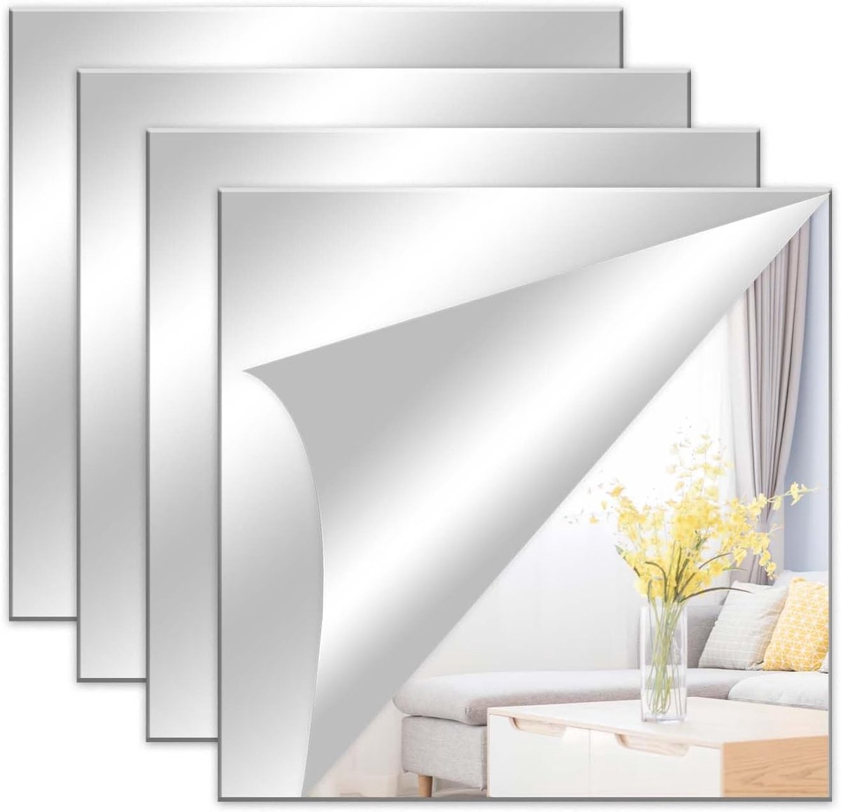 SnelShoppen - 4 Stuks Zelfklevende Spiegelpanelen 25x25cm, Spiegeltjes, Volledige Lengte, Lange Wandspiegels voor Woonkamer, Slaapkamer, Thuis, Gym, K