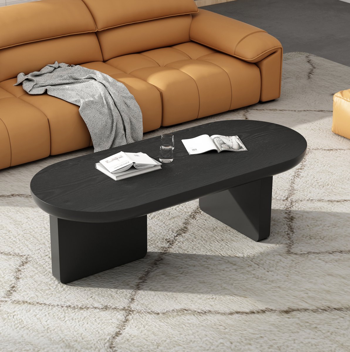 MIVRAY Salontafel - Ovaal Ontwerp Met Dubbele Poot En Matte Afwerking - Modern Voor Woonkamer - MDF - Zwart - 119,7 X 49,8 X 35,5 Cm