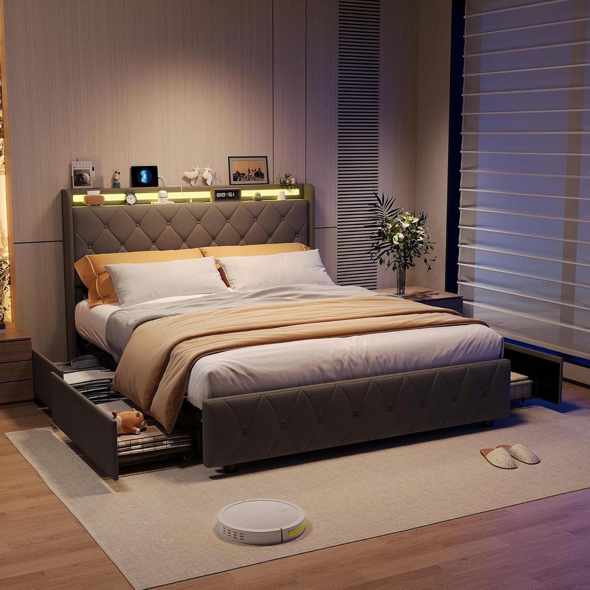 Gecapitonneerd Bed - Tweepersoonsbed Luxe - Slaapkamer Inrichten - Met Opbergruimte - 160 x 200 cm - Grijs
