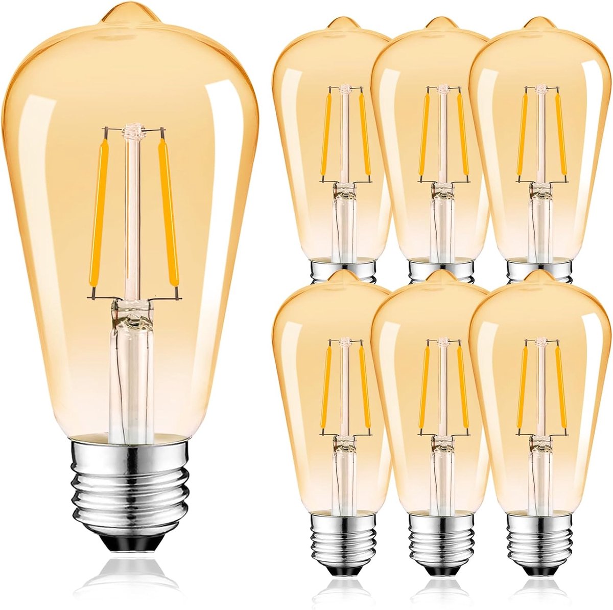 2W Edison Vintage Light Bulb E27, Vervangt 15W, ST64 Filament LED Lamp, Antieke Lamp,180LM, Warm White, Amberkleurig Glas, Set van 6