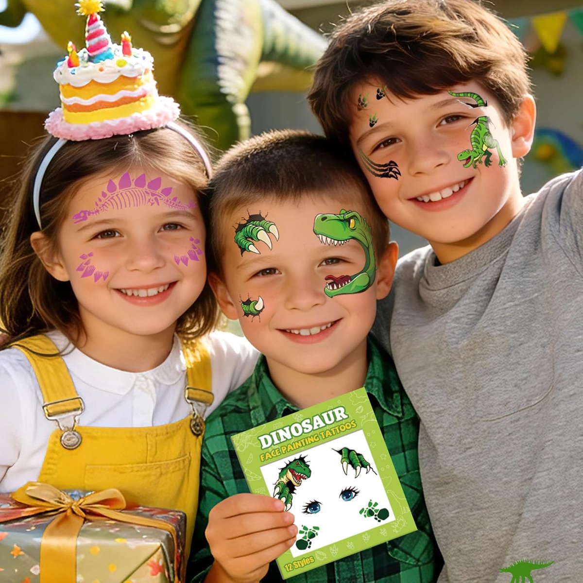 Dinosaurustatoeages voor kinderen, 12 vellen tijdelijke gezichtstatoeages voor jongens en meisjes, dinosaurusverjaardagsdecoratie, kindermake-up en feestcadeautjes