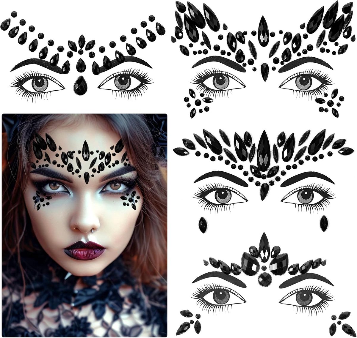 Halloween gezichtsedelstenen, 4 sets strass gezichtssieraden om op te plakken, tijdelijke zelfklevende rave-accessoires voor gezicht, ogen en voorhoofd, voor Rave Festival Hallo