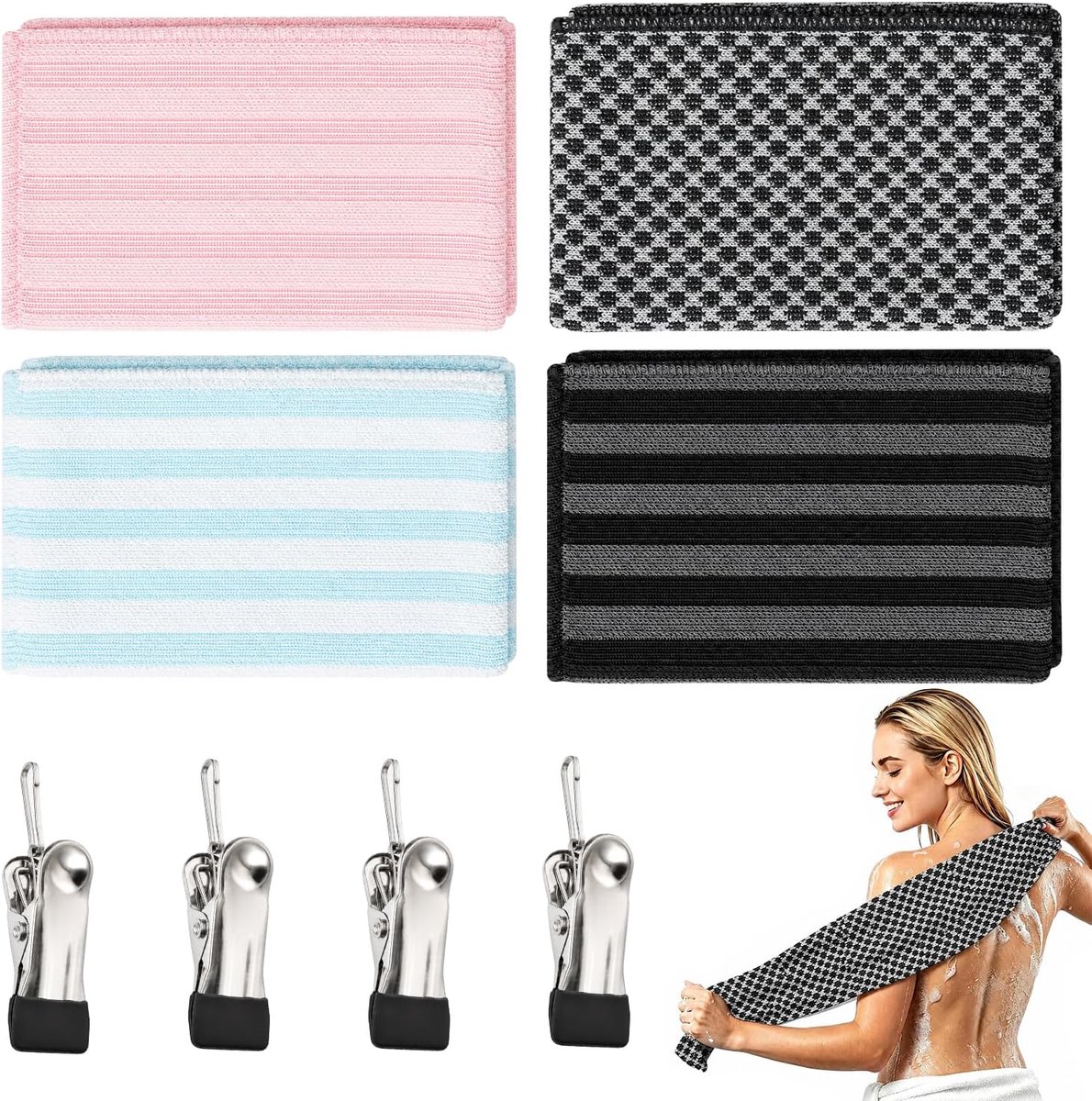 4 Pcs Exfoliating Towel( Metal Clothes Pegs) Japanese Exfoliating