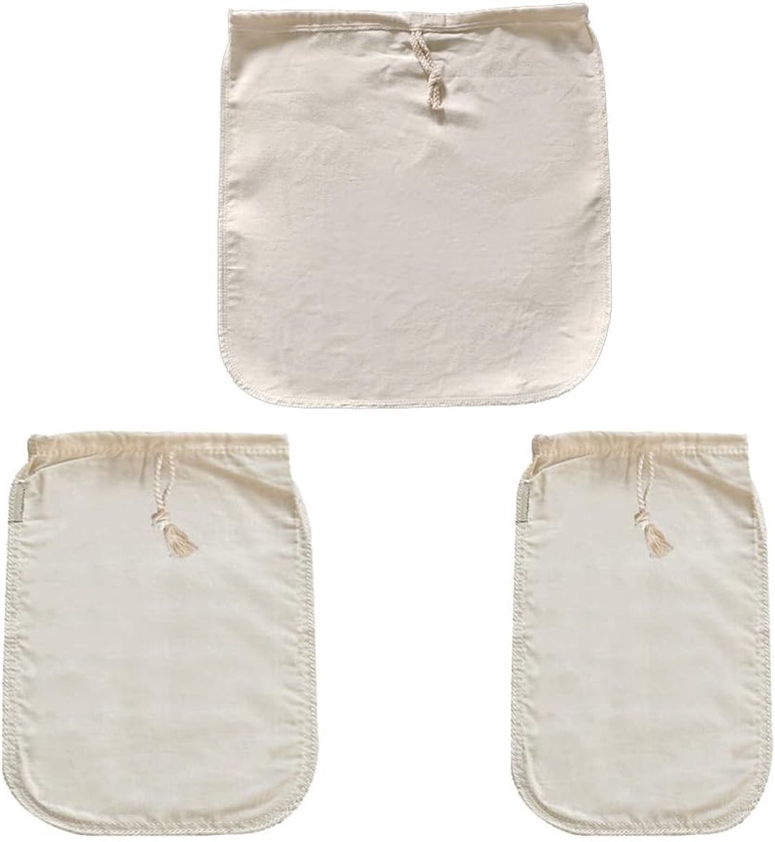 3 Stuks katoenen notenmelkzak, filterzak met trekkoord, Filterdoek Wasbaar, voor jam, levensmiddelen, yoghurt, sap, koffie, thee, koken, keuken (3 Maten)