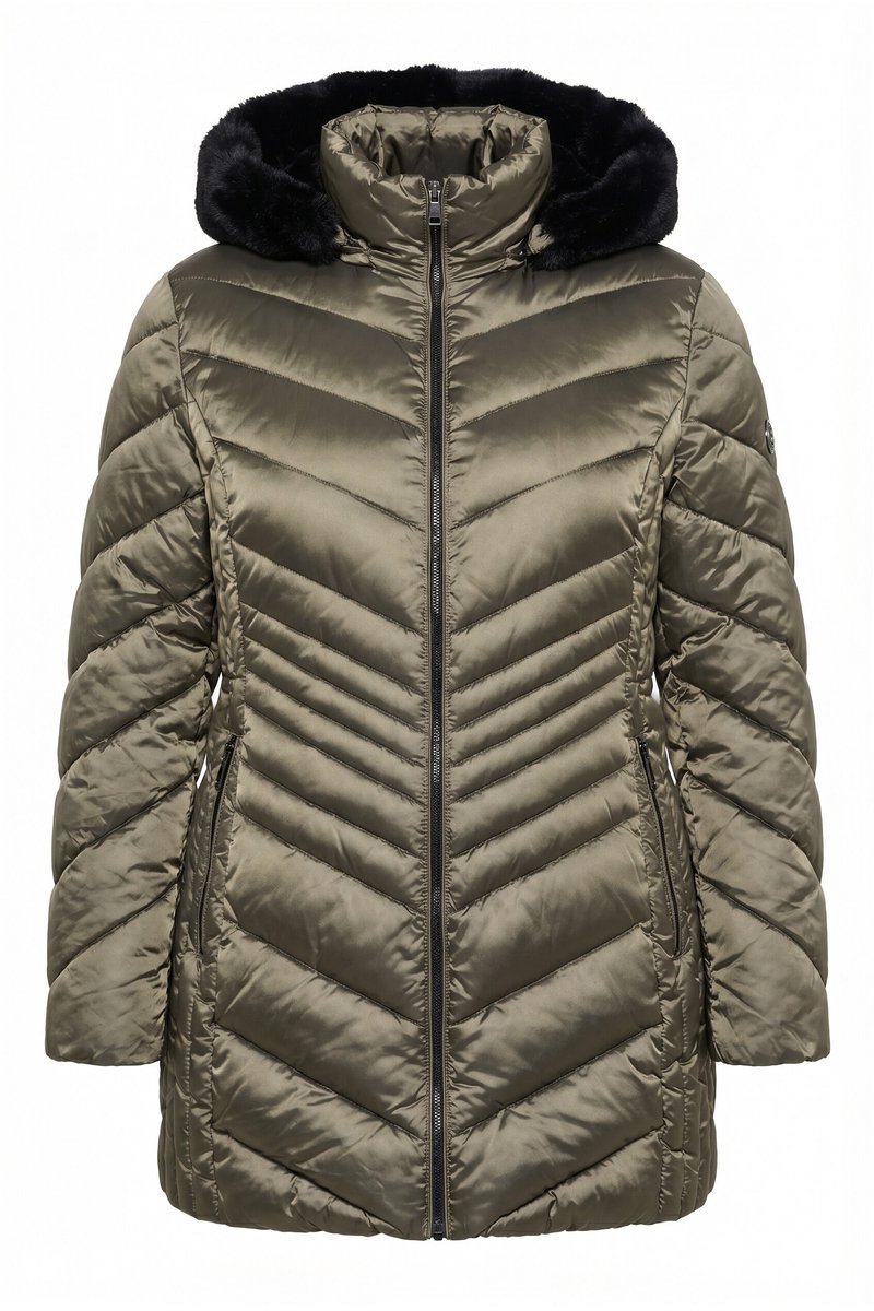 Ulla Popken - Dames - HYPRAR gewatteerd jack lederlook biezen 2-weg rits - Bleekbruin - Maat 62+