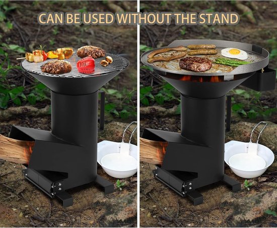 Rocket Stove met Grillplaat, Grillrooster en Pannenrooster, Draagbare Houtgestookte Campingkachel, 3 en 1 Multi-Function BBQ Grillen Campinggrill, Kooktoestel, Houtkachel — afbeelding 5