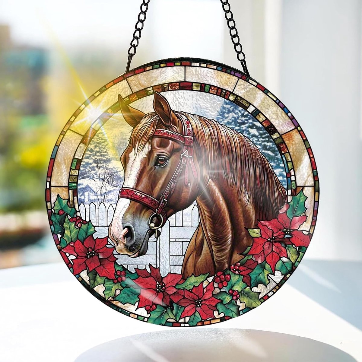 Paard Gekleurd Glas Hangend - Dieren Hangende Raamdecoratie - voor Tuin, Raam en Deur, Kerst, Handgemaakte Suncatcher Decoratie 20x20 cm