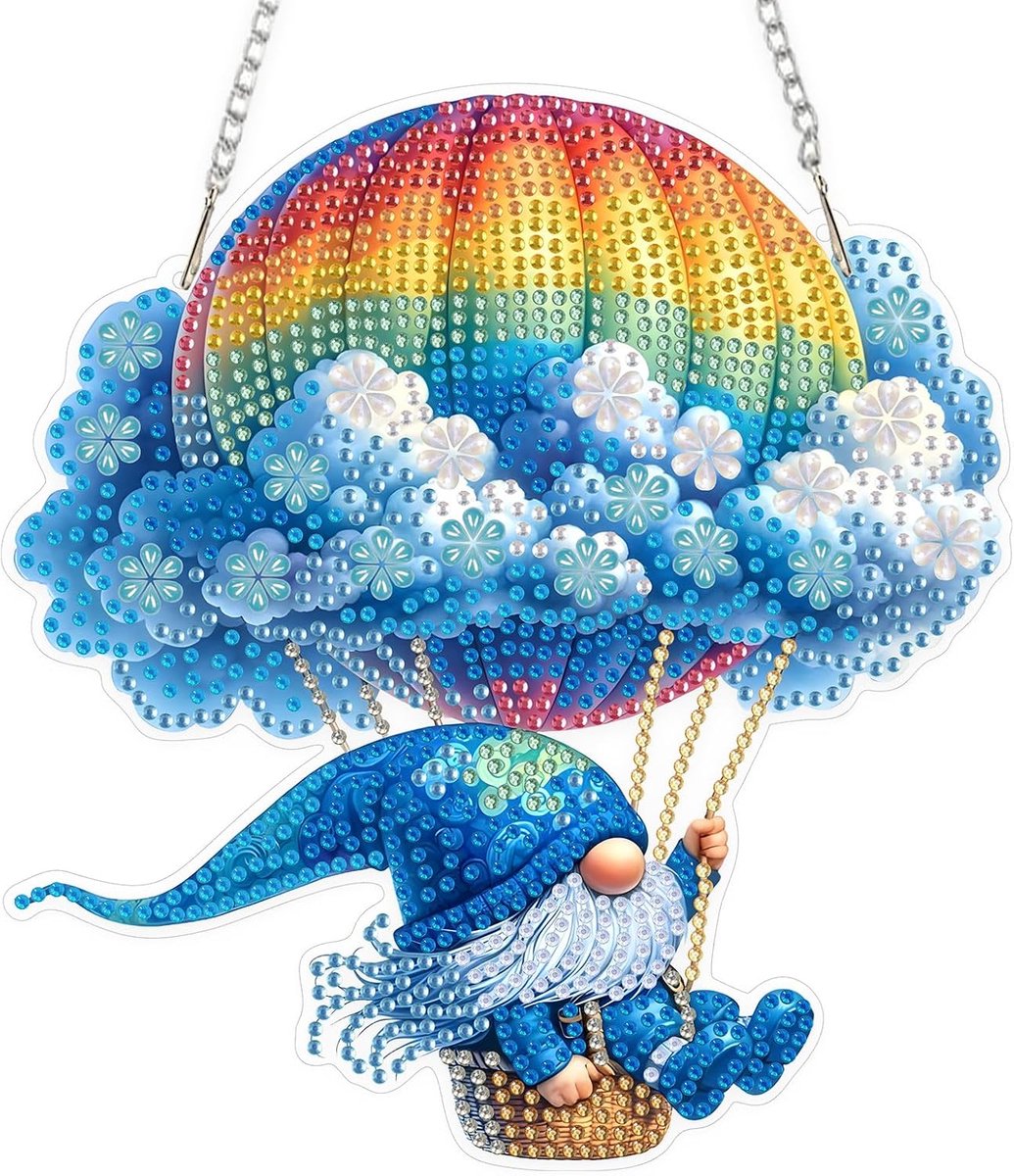 Kabouter in heteluchtballon, diamantkunst, hangende ornamentkits