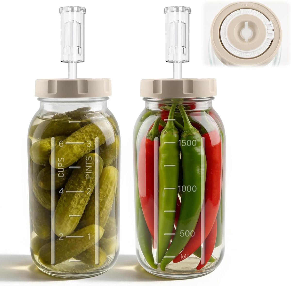2 stuks fermentatieglas van 2 liter met datumweergave en luchtslot