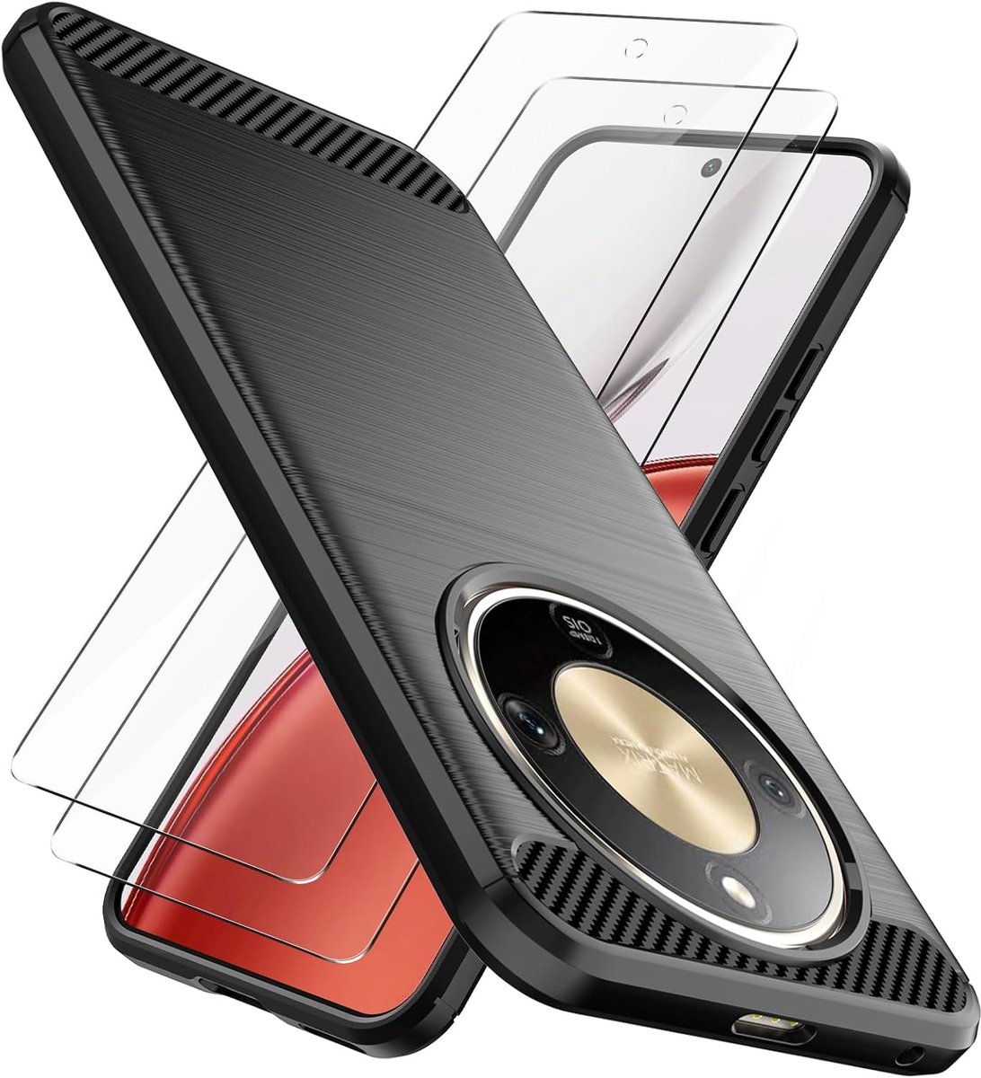 Hoesje voor Honor Magic8 Lite, met 2 stuks gehard glas en beschermfolies, stijlvol koolstofdesign telefoonhoesje dun zacht TPU krasbestendig schokbestendig beschermhoes voor Honor Magic8 Lite