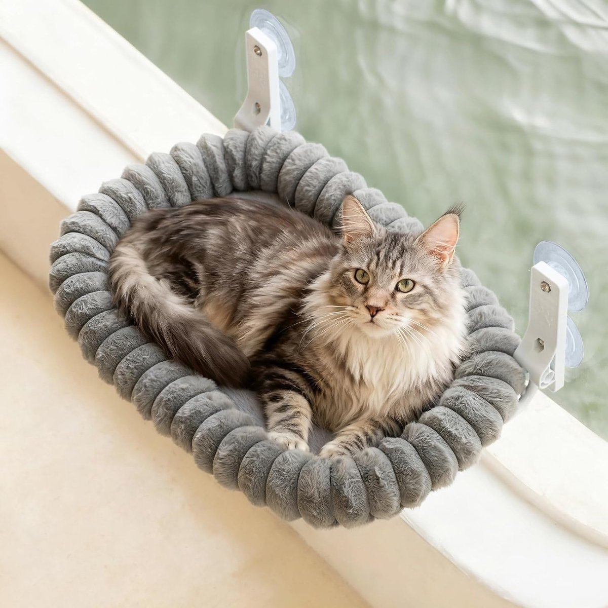 Raam bed hangmat voor zonnebaden, opvouwbaar met omkeerbare hoes, 54x36cm kattenraam baars stevig zuignappen tot 18kg, grijs L