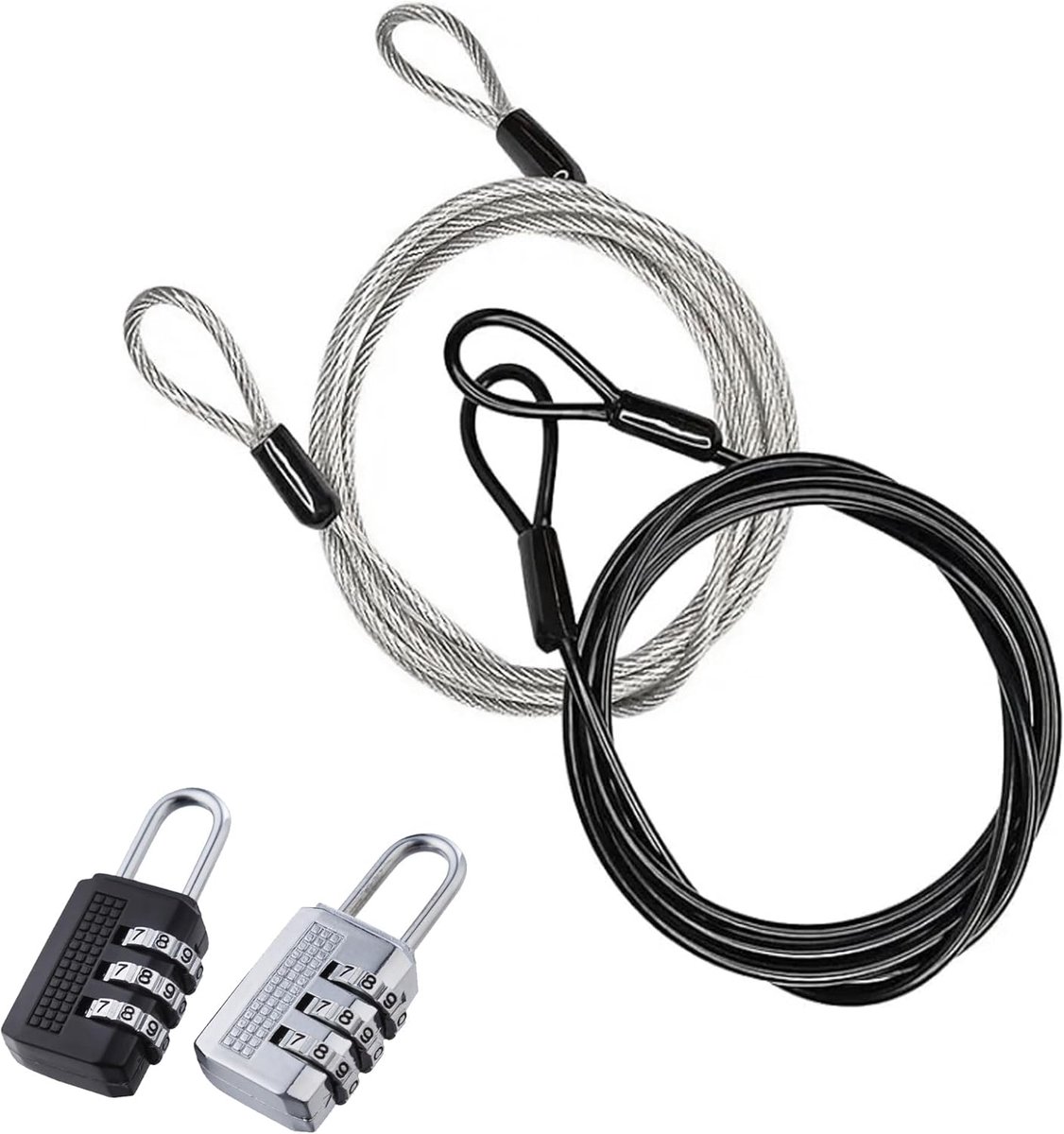 2 stuks 3 mm kabelslot, diefstalbeveiliging, cijferslot, veiligheidskabel, gevlochten luskabel, sportveiligheidslus, stalen kabel met lus, lengte: 2 m (zilver + zwart, 3 mm)
