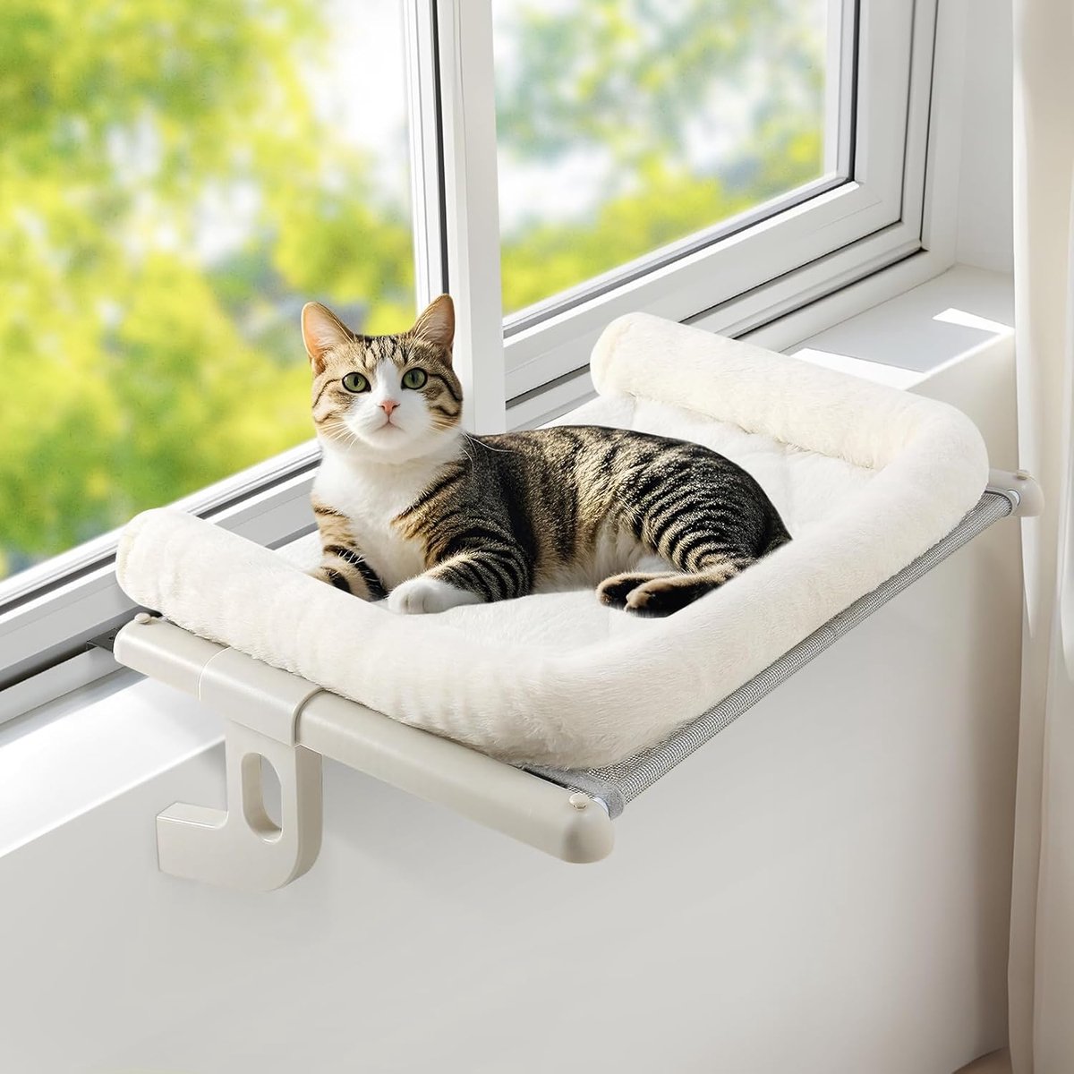Raam vensterbank kussen kat ligplaats kattenligstoel balkon kattenbed voor bedrand radiator ophangen katten houdt 18 kg cat window bed hammock 63 x 38 cm (Wit,L)