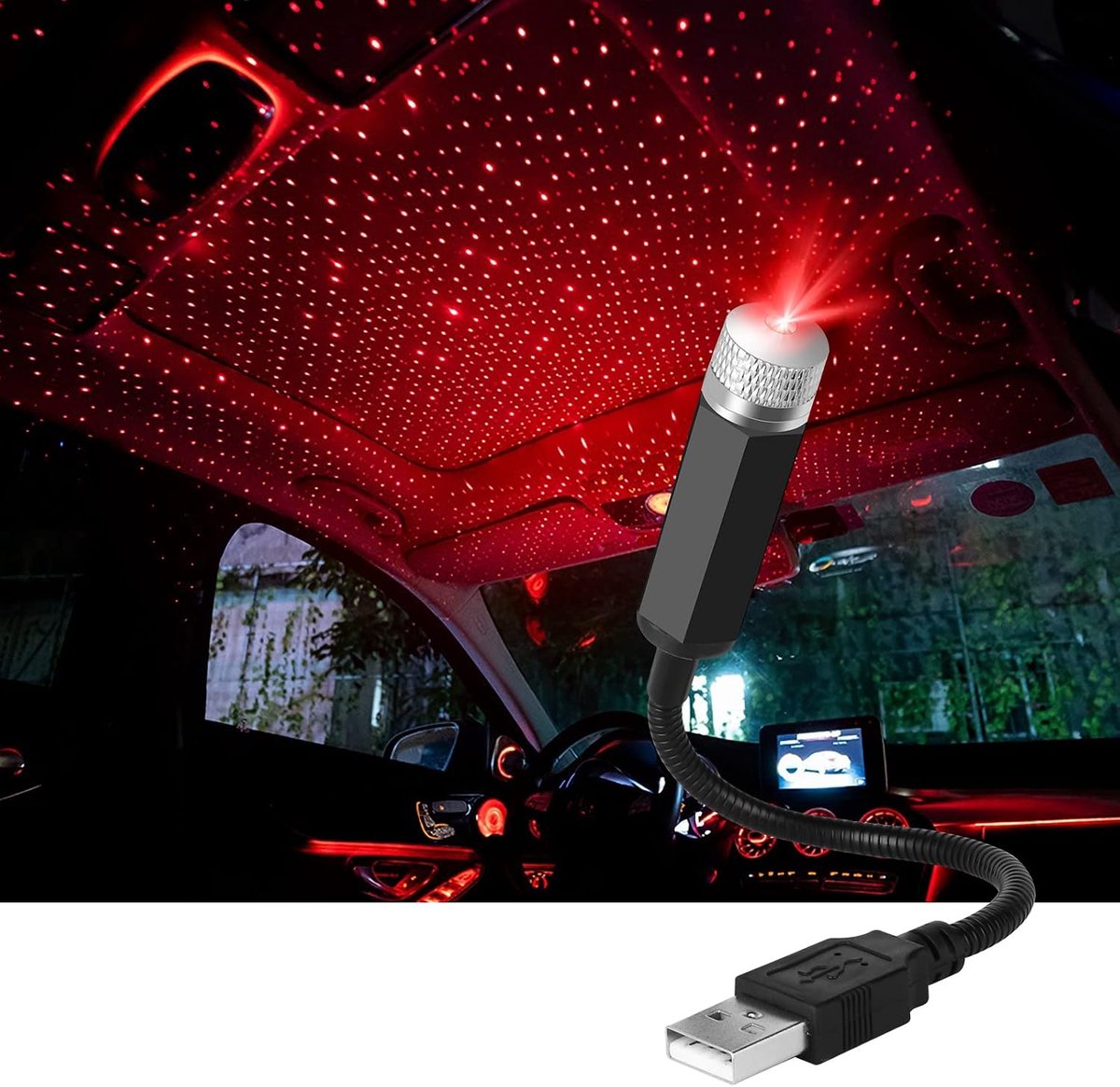 LED Autoplafond Starlight, Verstelbaar Auto-interieur Sfeerlicht Meerdere modi Plug en Play USB Mini-autoplafond Starlight-projectie LED-lamp Universeel voor Car Home Party (Rood)
