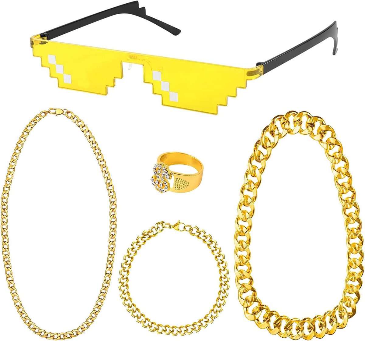 Set van Pooierskostuum Accessoires - Gouden Dollar-kettingset, Jaren 70,80,90 Accessoires met Gouden Ketting - Compleet HipHop Kostuum & Rapper-Accessoires voor Themafeest