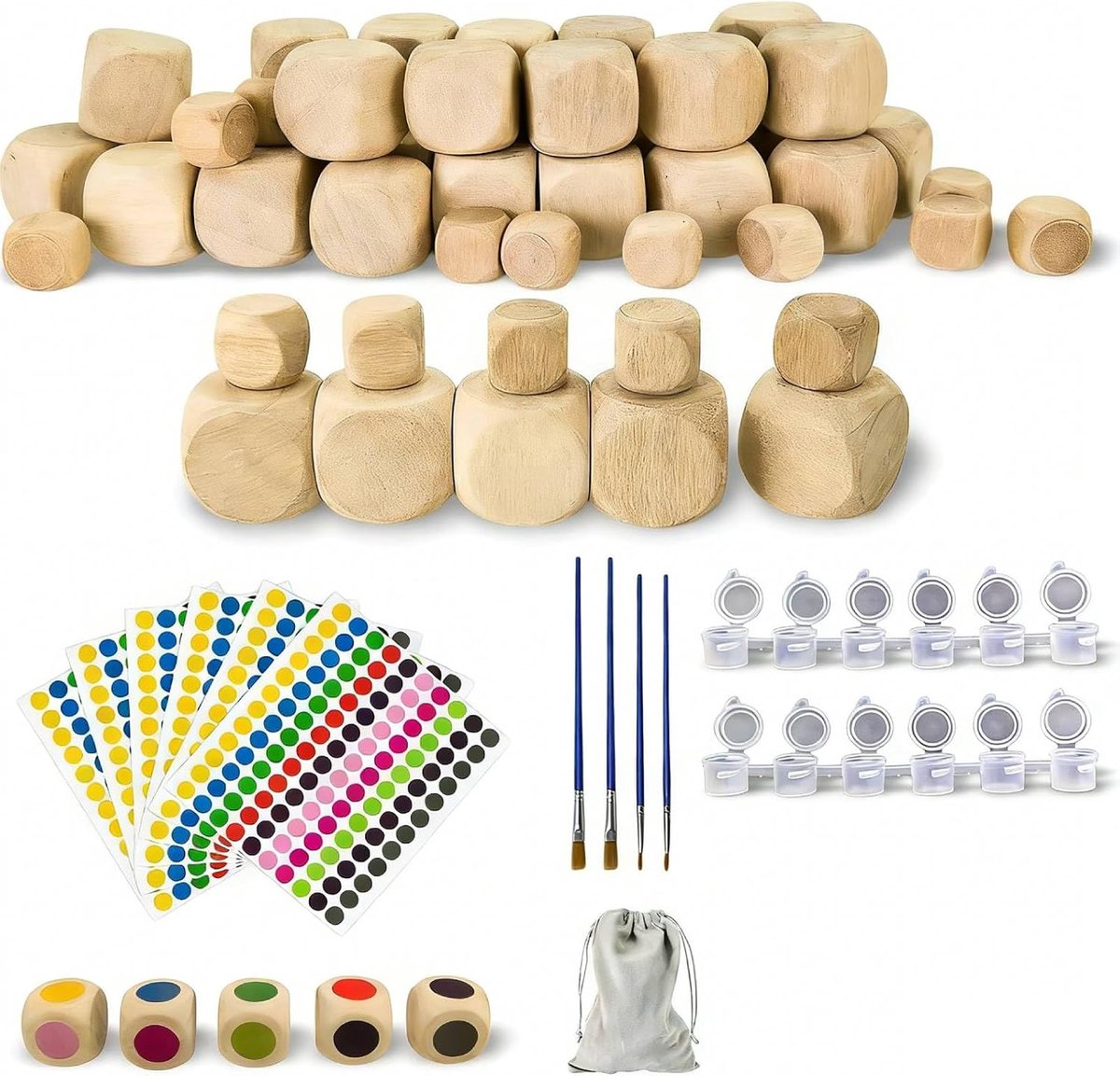 Houten dobbelstenen set 50 stuks - onbeschilderde houten dobbelstenen - verschillende maten - SnelShoppen