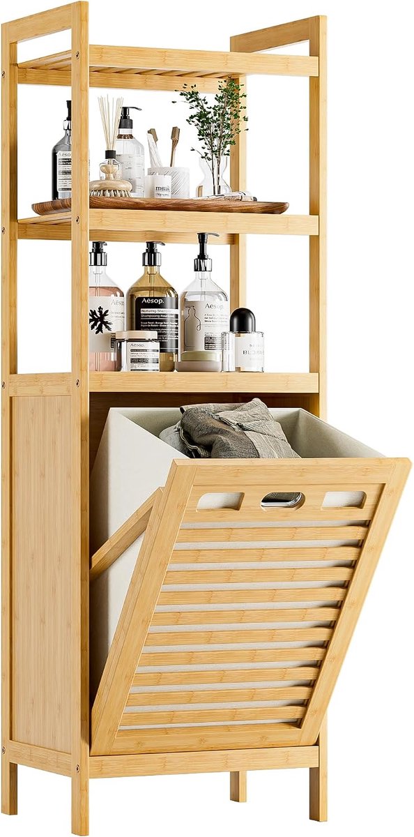 wasmand kast met afneembare tas - bamboe - ruimtebesparend - ideaal voor badkamer - ShopVlot