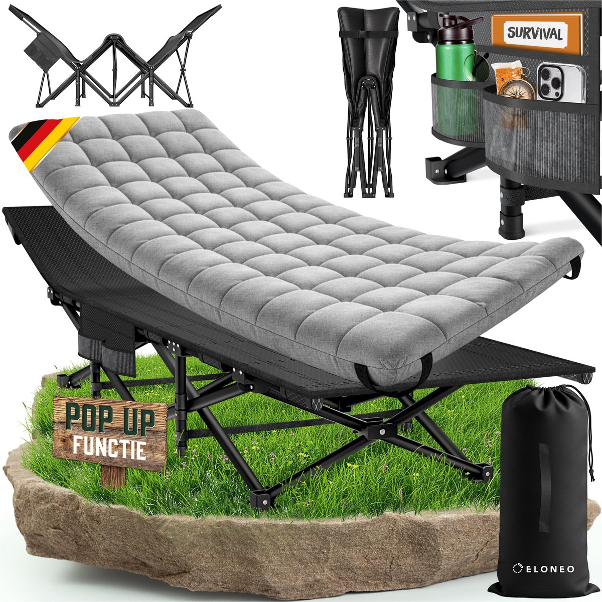 SnelShoppen - Opvouwbaar Veldbed met Premium Matras | Campingbed voor Volwassenen tot 200kg | Opklapbed voor Binnen en Buiten | Reisbed voor Feest, Tu