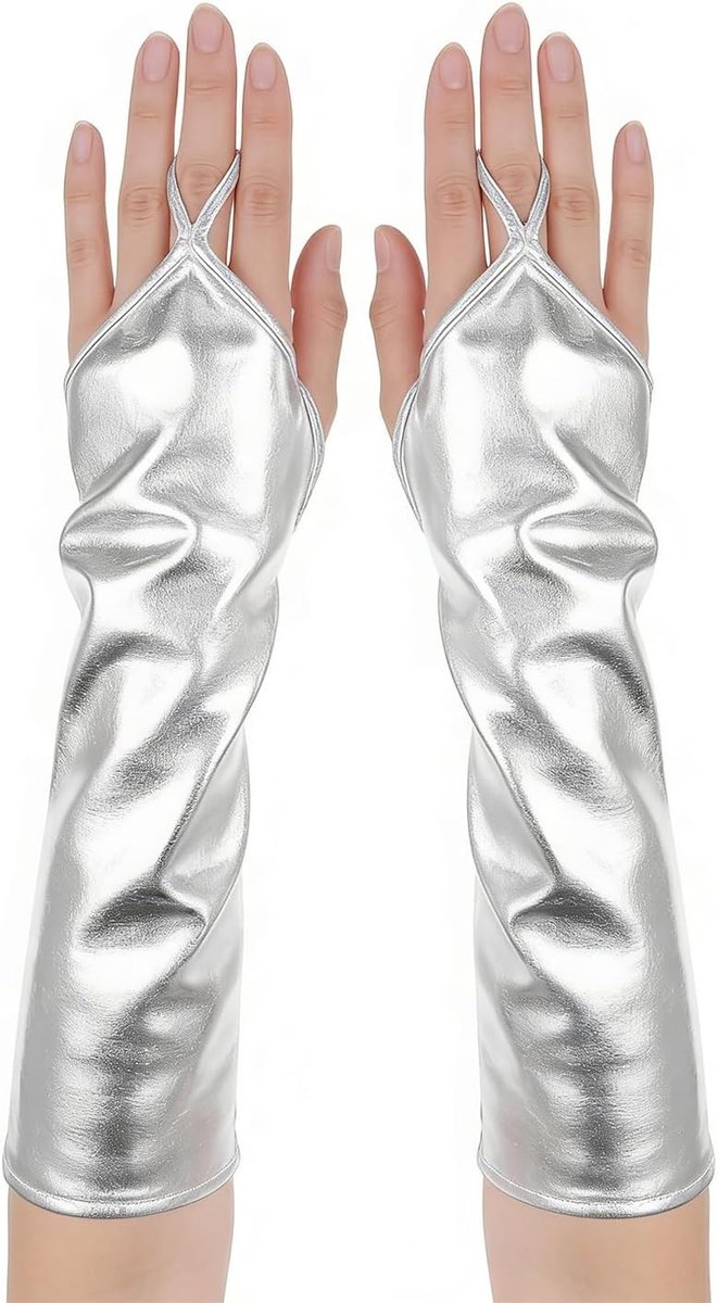 Shiny Silver Metallic Fingerless Gloves voor Vrouwen - Patenten Leren Handschoenen voor Alien Kostuum, Cosplay en Halloween Feest