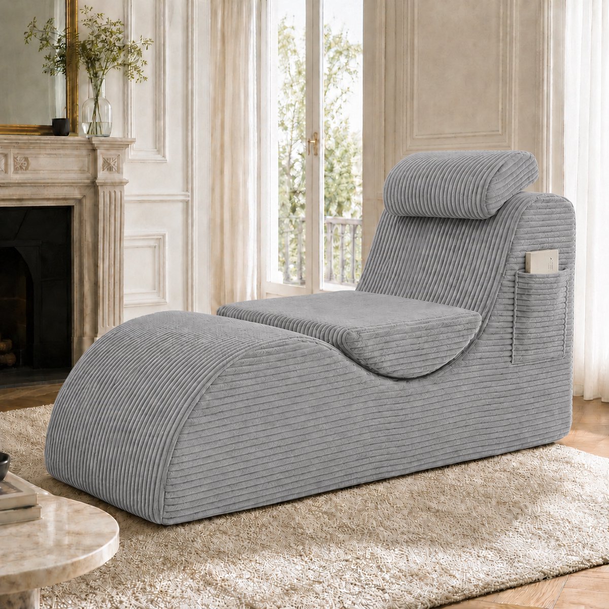 Moderne Fauteuil - Corduroy Relaxstoel Met Hoofdsteun En Zijvak - Lichtgrijs