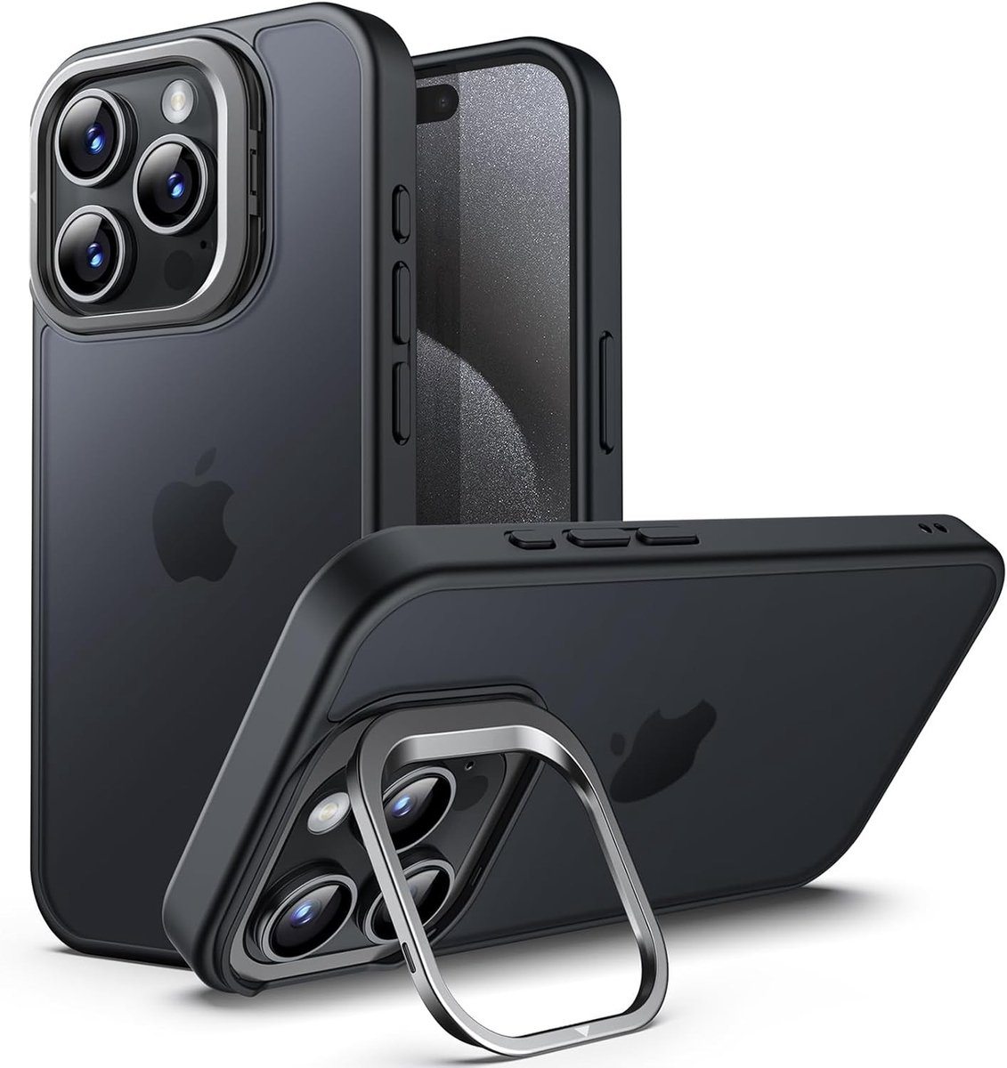 Hoogwaardige iPhone 15 Pro Max Hoes met Verstelbare Stand, Schokbestendig Ontwerp en Militaire Bescherming, Zwart Titanium