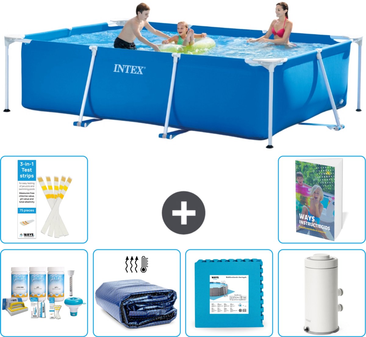 Intex Rechthoekig Frame Zwembad - 300 x 200 x 75 cm - Blauw - Inclusief Onderhoudspakket - Solarzeil - Vloertegels - Zwembadfilterpomp - 7-delig