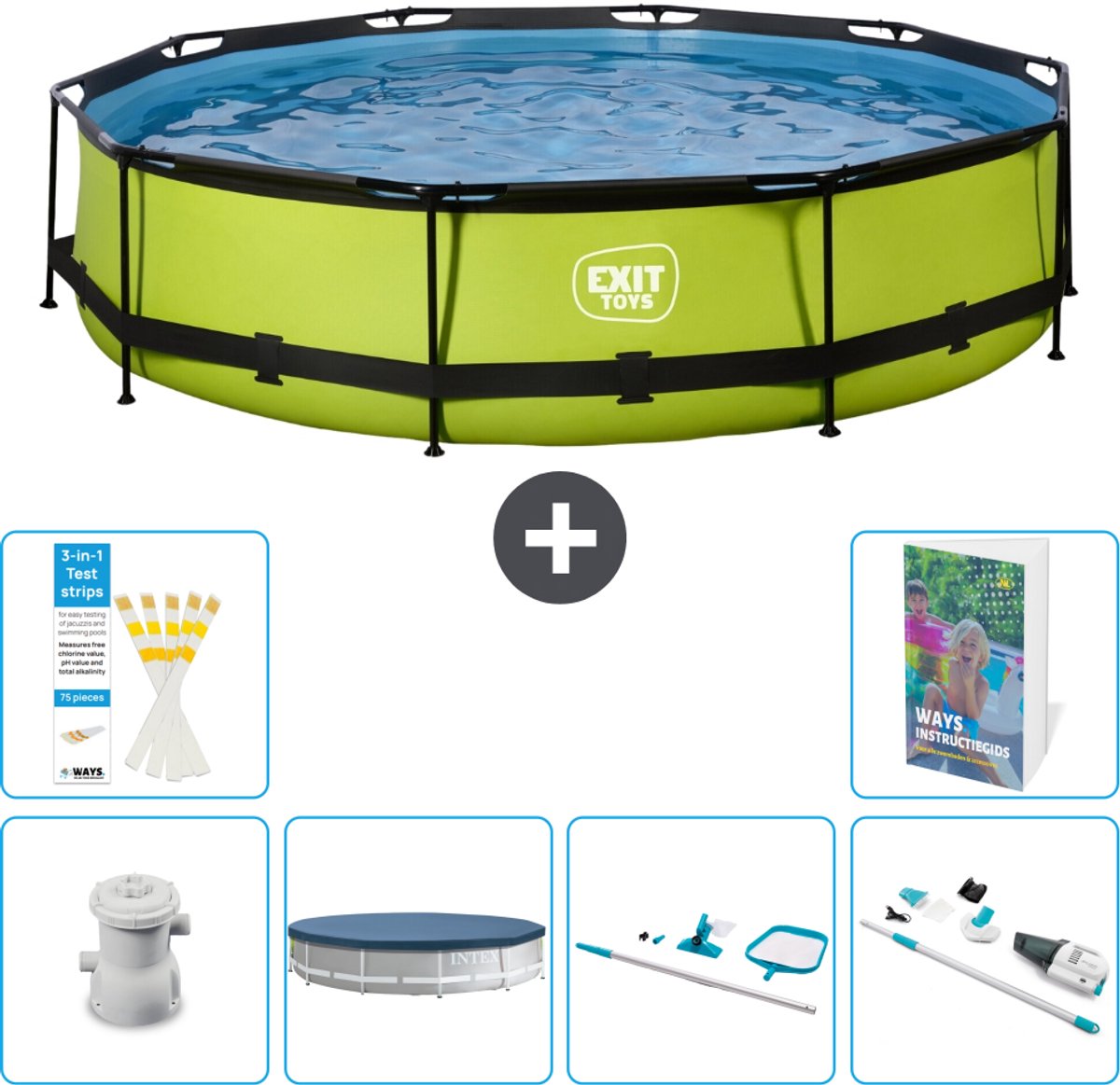 EXIT Rond Lime Frame Zwembad - 360 x 76 cm - Inclusief Pomp - Afdekzeil - Schoonmaakset - Stofzuiger - 7-delig