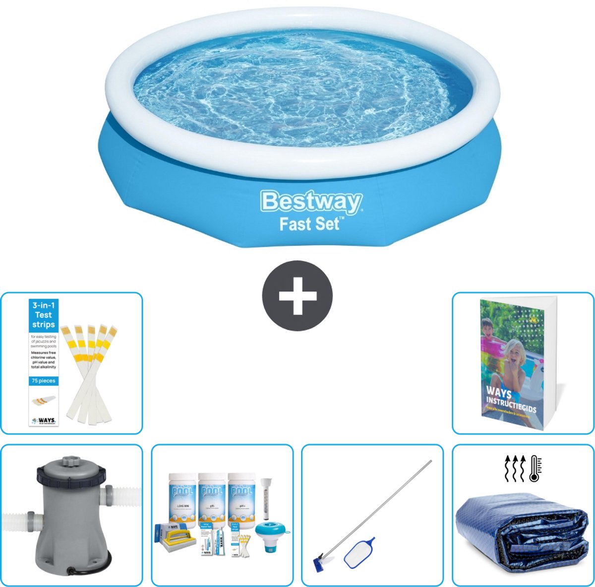 Bestway Rond Opblaasbaar Fast Set Zwembad - 305 x 66 cm - Blauw - Inclusief Pomp - Onderhoudspakket - Schoonmaakset - Solarzeil - 7-delig