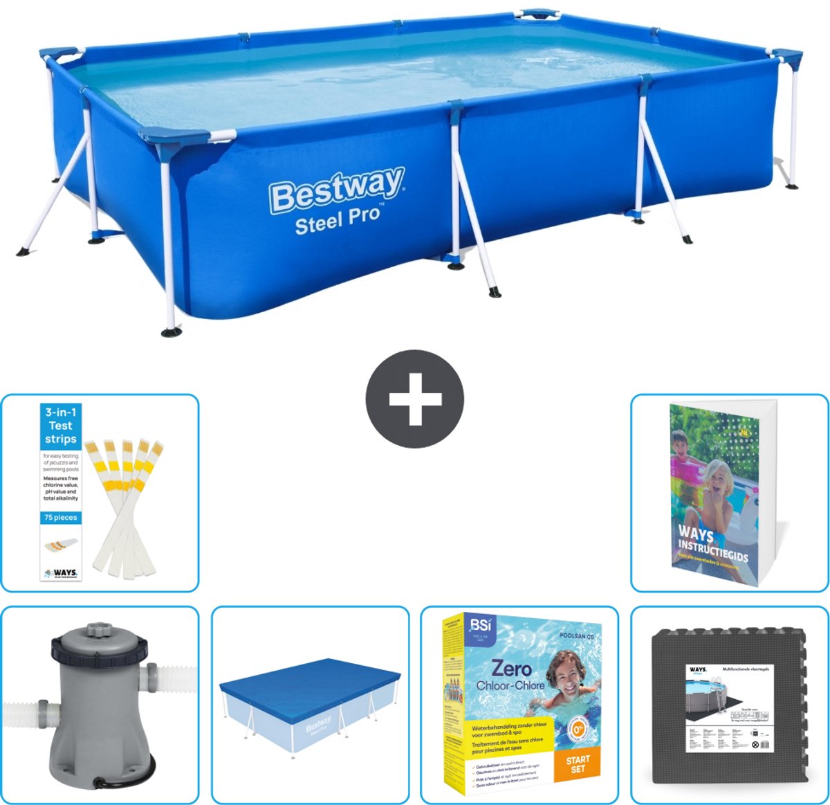 Bestway Rechthoekig Steel Pro Zwembad - 300 x 201 x 66 cm - Blauw - Inclusief Pomp - Afdekzeil - Onderhoudspakket - Vloertegels - 7-delig