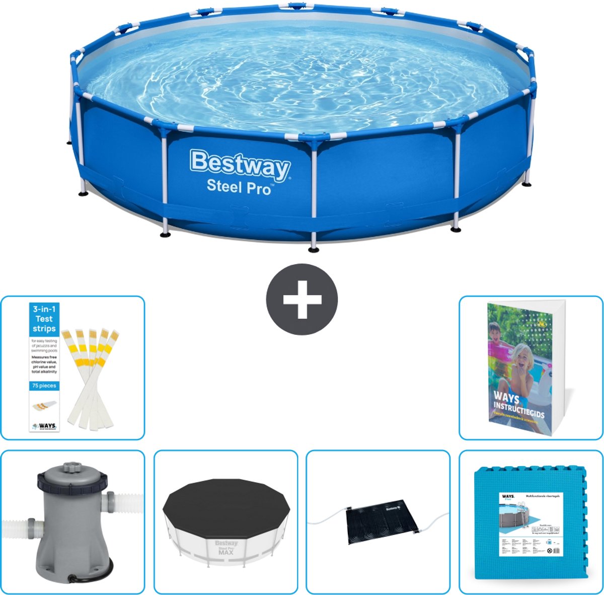 Bestway Rond Steel Pro Zwembad - 366 x 76 cm - Blauw - Inclusief Pomp - Afdekzeil - Solar Mat - Vloertegels - 7-delig