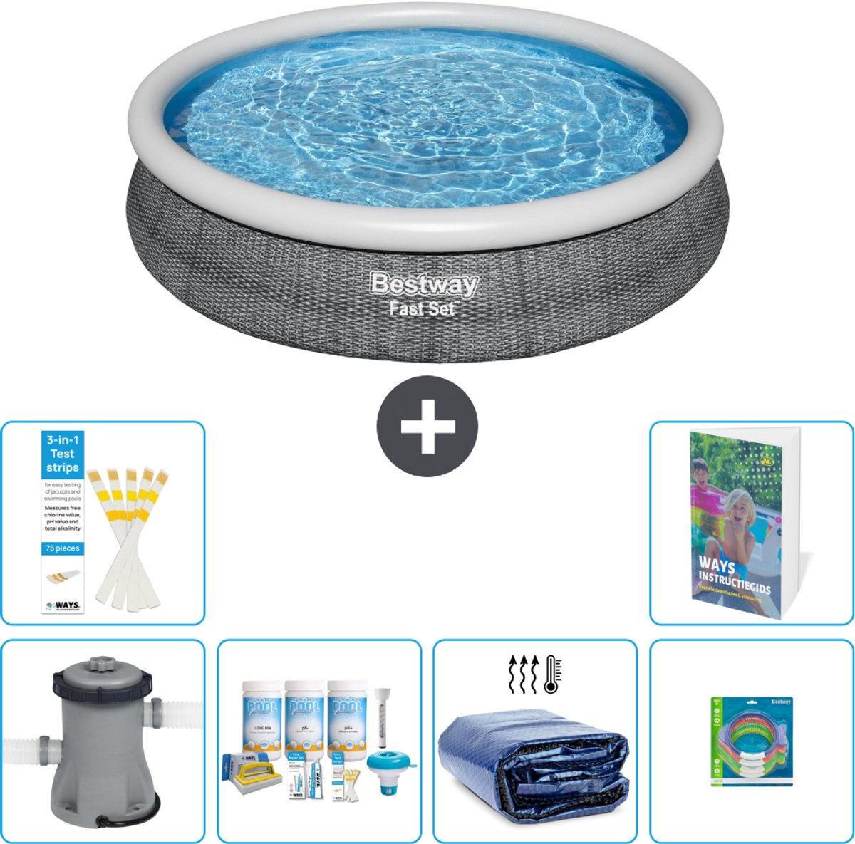 Bestway Rond Opblaasbaar Fast Set Zwembad - Rotanprint - 366 x 76 cm - Inclusief Pomp - Onderhoudspakket - Solarzeil - Speelgoed - 7-delig