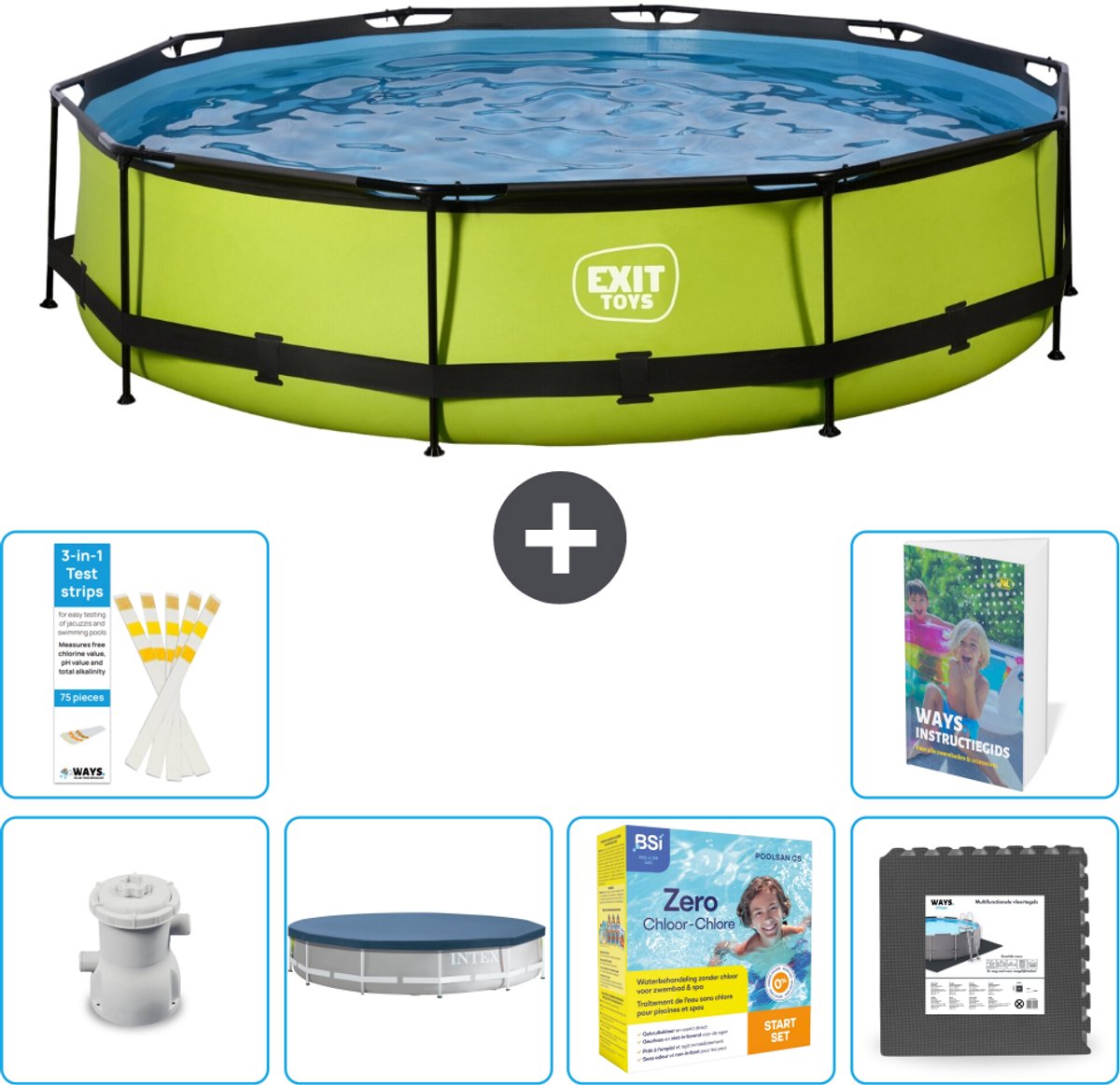EXIT Rond Lime Frame Zwembad - 360 x 76 cm - Inclusief Pomp - Afdekzeil - Onderhoudspakket - Vloertegels - 7-delig