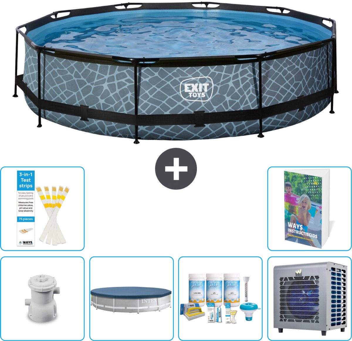 EXIT Rond Stone Frame Zwembad - 360 x 76 cm - Inclusief Pomp - Afdekzeil - Onderhoudspakket - Warmtepomp - 7-delig