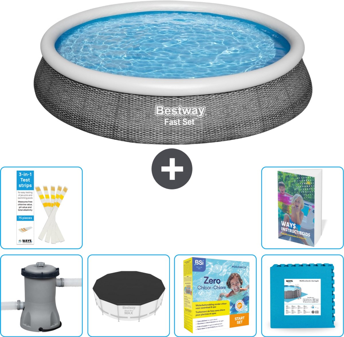 Bestway Rond Opblaasbaar Fast Set Zwembad - Rotanprint - 396 x 84 cm - Inclusief Pomp - Afdekzeil - Onderhoudspakket - Vloertegels - 7-delig