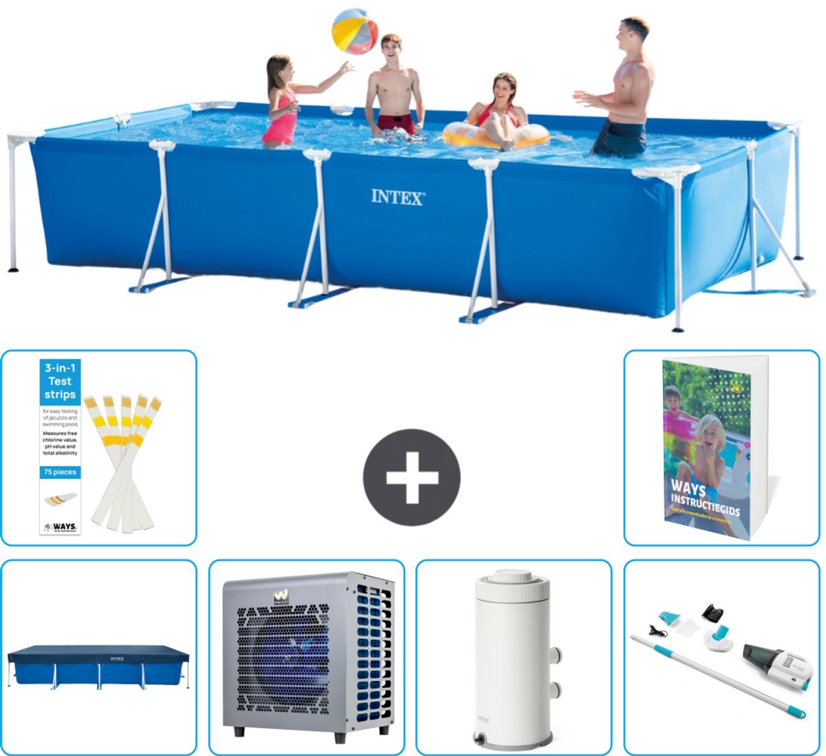 Intex Rechthoekig Frame Zwembad - 450 x 220 x 84 cm - Blauw - Inclusief Afdekzeil - Warmtepomp - Zwembadfilterpomp - Stofzuiger - 7-delig
