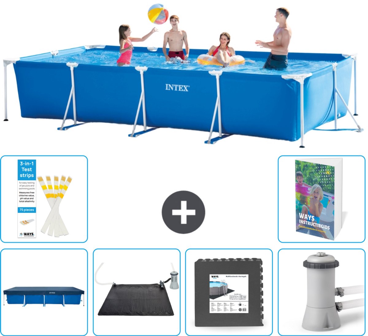 Intex Rechthoekig Frame Zwembad - 450 x 220 x 84 cm - Blauw - Inclusief Afdekzeil - Solar Mat - Vloertegels - Zwembadfilterpomp - 7-delig
