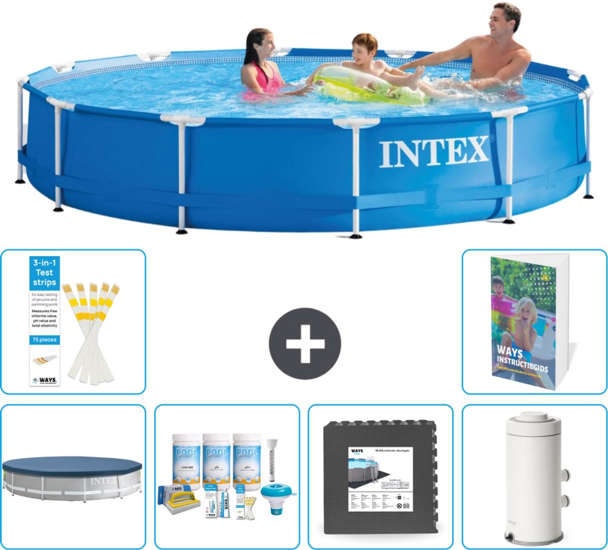 Intex Rond Frame Zwembad - 366 x 76 cm - Blauw - Inclusief Afdekzeil - Onderhoudspakket - Vloertegels - Zwembadfilterpomp - 7-delig