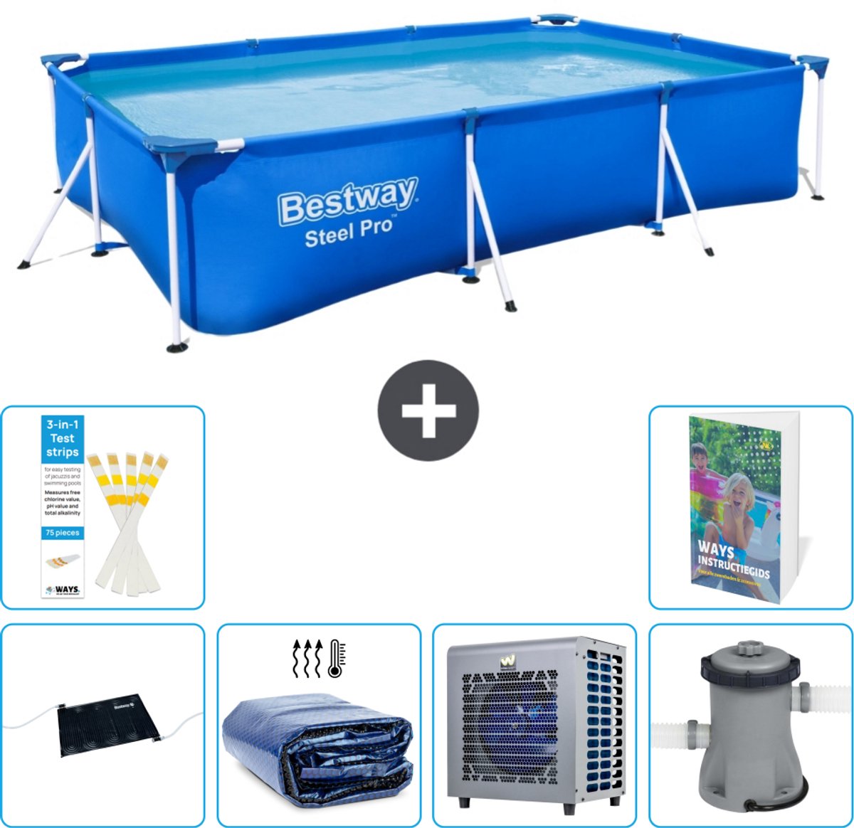 Bestway Rechthoekig Steel Pro Zwembad - 300 x 201 x 66 cm - Blauw - Inclusief Solar Mat - Solarzeil - Warmtepomp - Zwembadfilterpomp - 7-delig