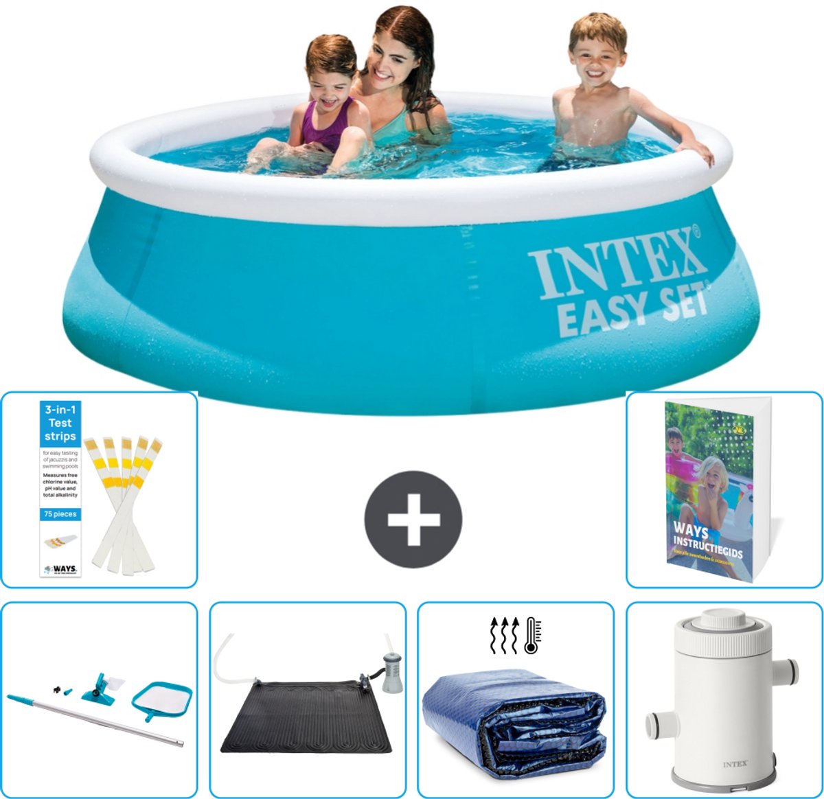 Intex Rond Opblaasbaar Easy Set Zwembad - 183 x 51 cm - Blauw - Inclusief Schoonmaakset - Solar Mat - Solarzeil - Zwembadfilterpomp - 7-delig