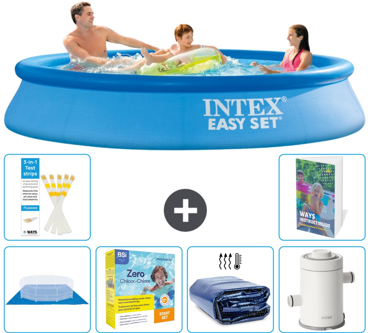 Intex Rond Opblaasbaar Easy Set Zwembad - 305 x 61 cm - Blauw - Inclusief Grondzeil - Onderhoudspakket - Solarzeil - Zwembadfilterpomp - 7-delig