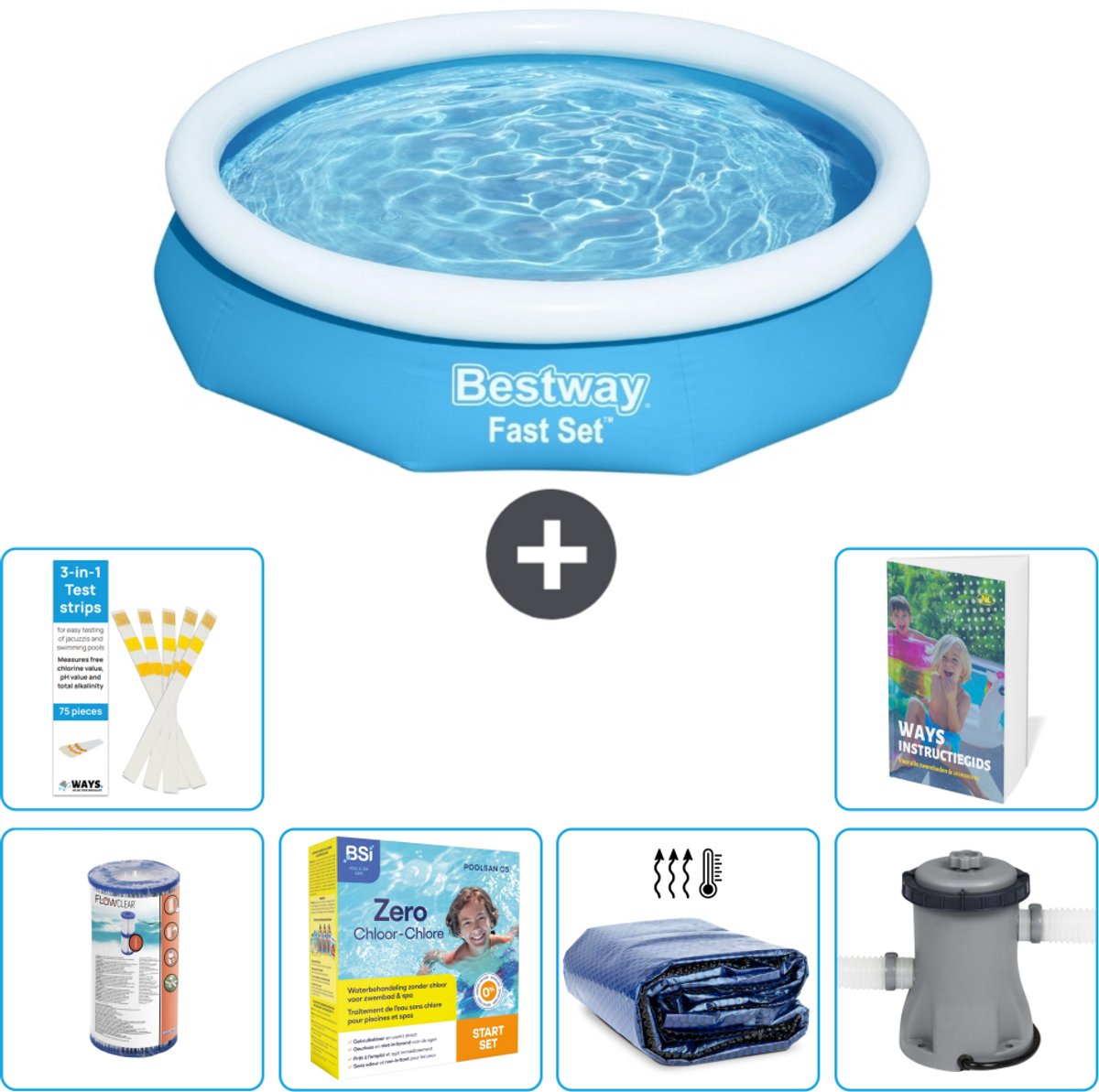 Bestway Rond Opblaasbaar Fast Set Zwembad - 305 x 66 cm - Blauw - Inclusief Filter - Onderhoudspakket - Solarzeil - Zwembadfilterpomp - 7-delig