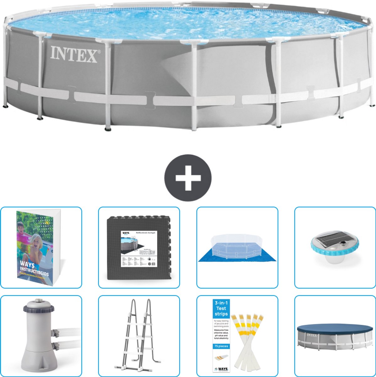 Intex Rond Prism Frame Zwembad - 427 x 107 cm - Grijs - Inclusief Pomp - Ladder - Grondzeil - Afdekzeil - Vloertegels - Verlichting - 9-delig