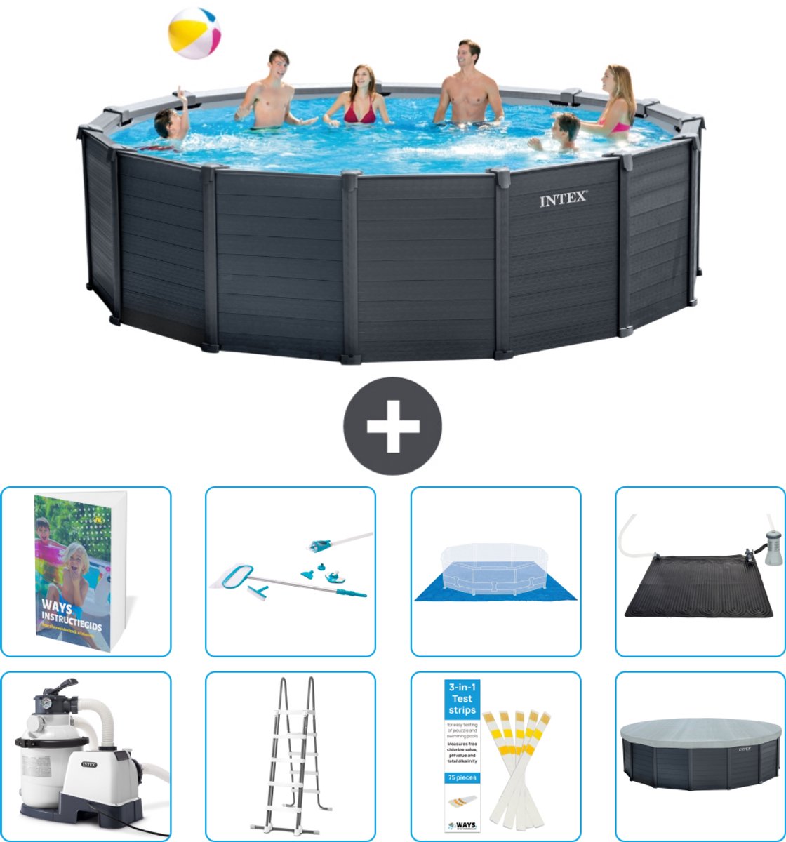 Intex Rond Graphite Gray Panel Zwembad - 478 x 124 cm - Inclusief Pomp - Ladder - Grondzeil - Afdekzeil - Schoonmaakset - Solar Mat - 9-delig