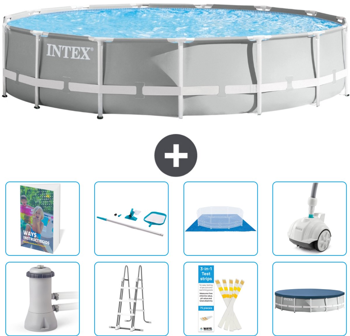 Intex Rond Prism Frame Zwembad - 457 x 107 cm - Grijs - Inclusief Pomp - Ladder - Grondzeil - Afdekzeil - Schoonmaakset - Stofzuiger - 9-delig