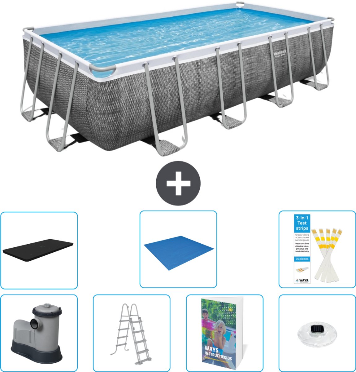 Bestway Rechthoekig Power Steel Zwembad - Rattanprint - 549 x 274 x 122 - Inclusief Pomp - Ladder - Afdekzeil - Grondzeil - Verlichting - 8-delig