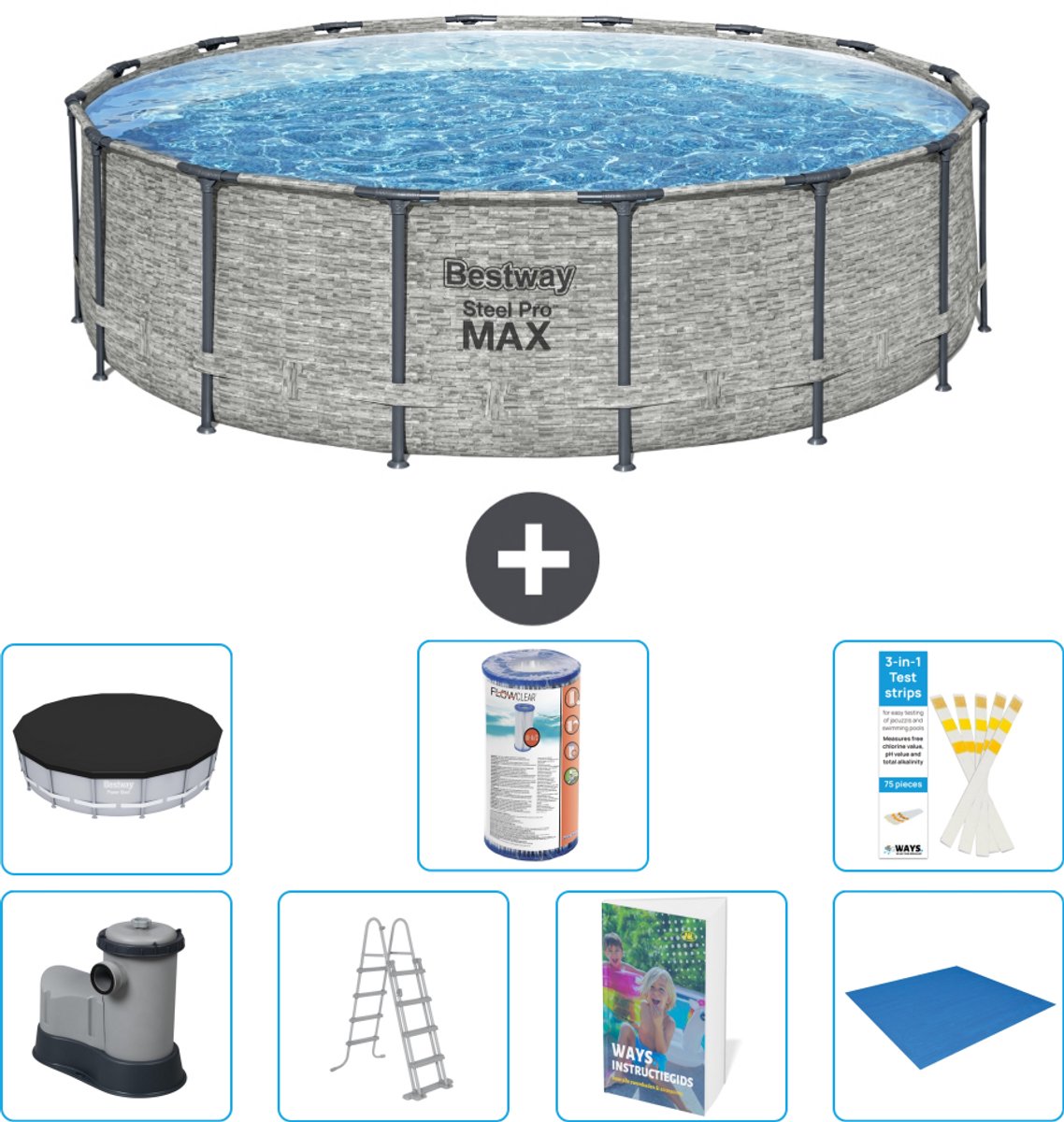 Bestway Rond Steel Pro MAX Zwembad - Steenprint - 488 x 122 cm - Inclusief Pomp - Ladder - Afdekzeil - Filter - Grondzeil - 8-delig